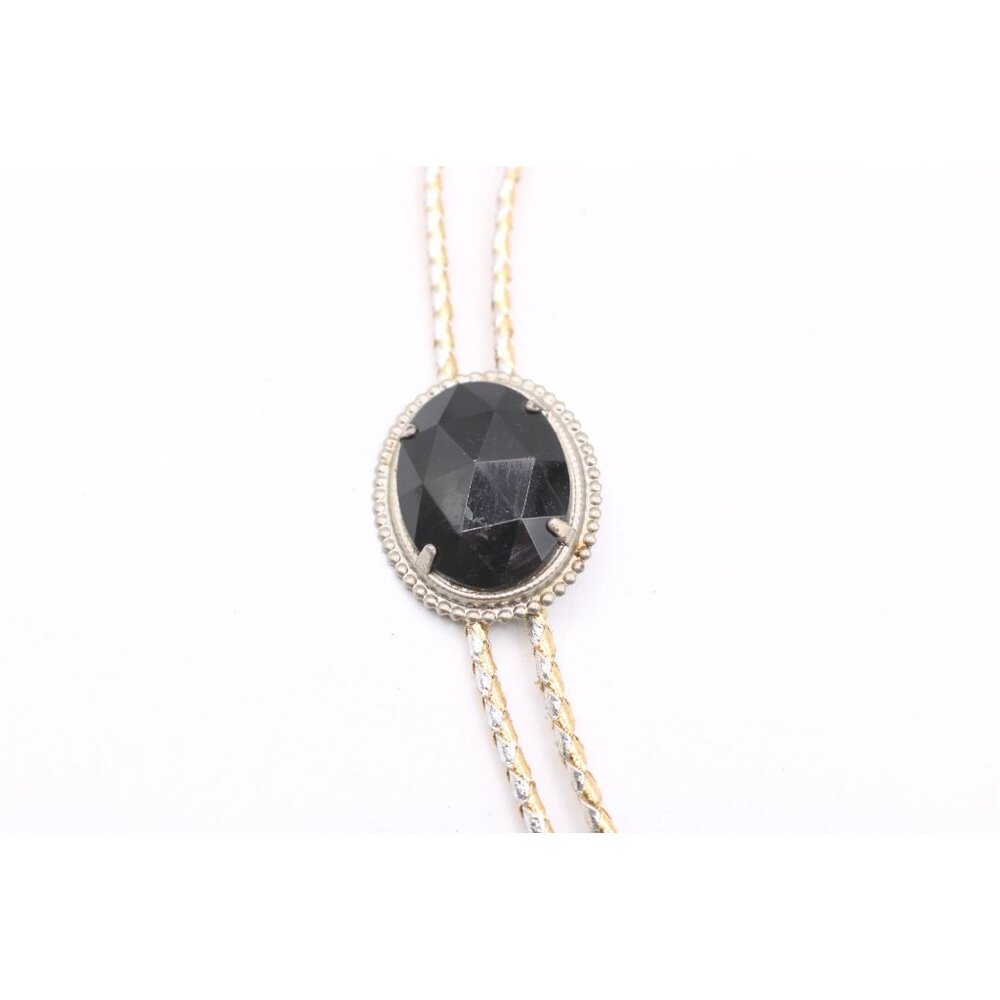 Black Jewel Acrylic Bolo Tie Silver & Gold Braided Cord Oval Faceted Western Vtg
